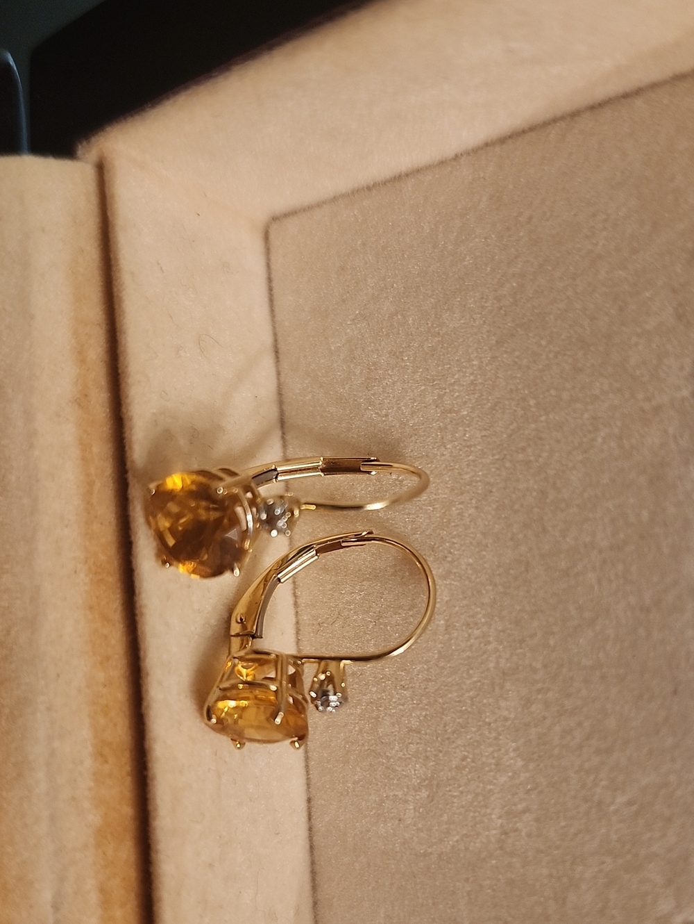 14kt Gold Leverback Earrings with Maderia Citrine + DIAMONDS - Picture 14 of 15